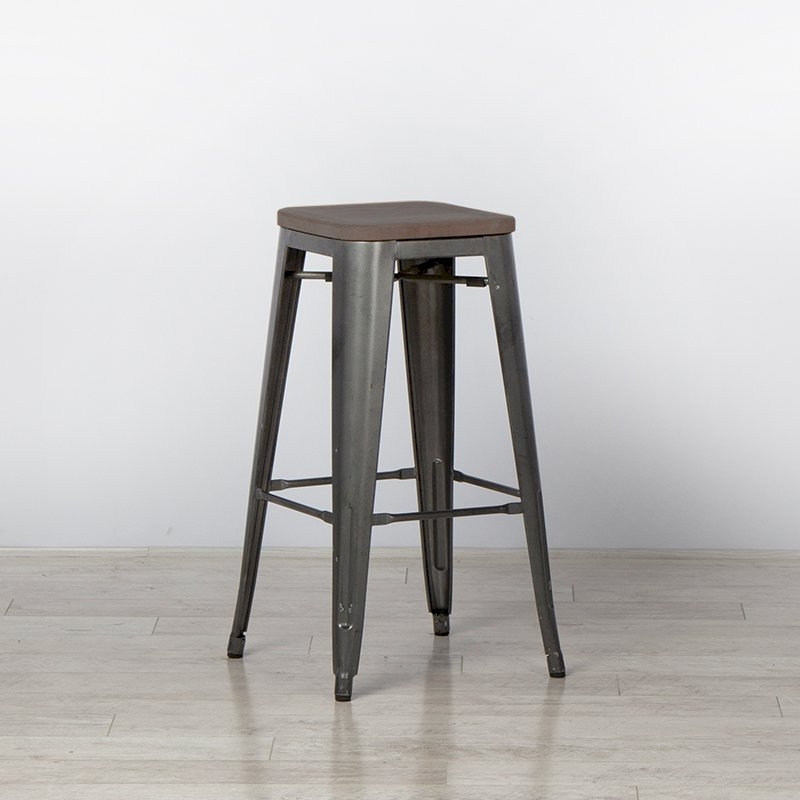 Grey Tolix Style Bar Stool Wooden Seat