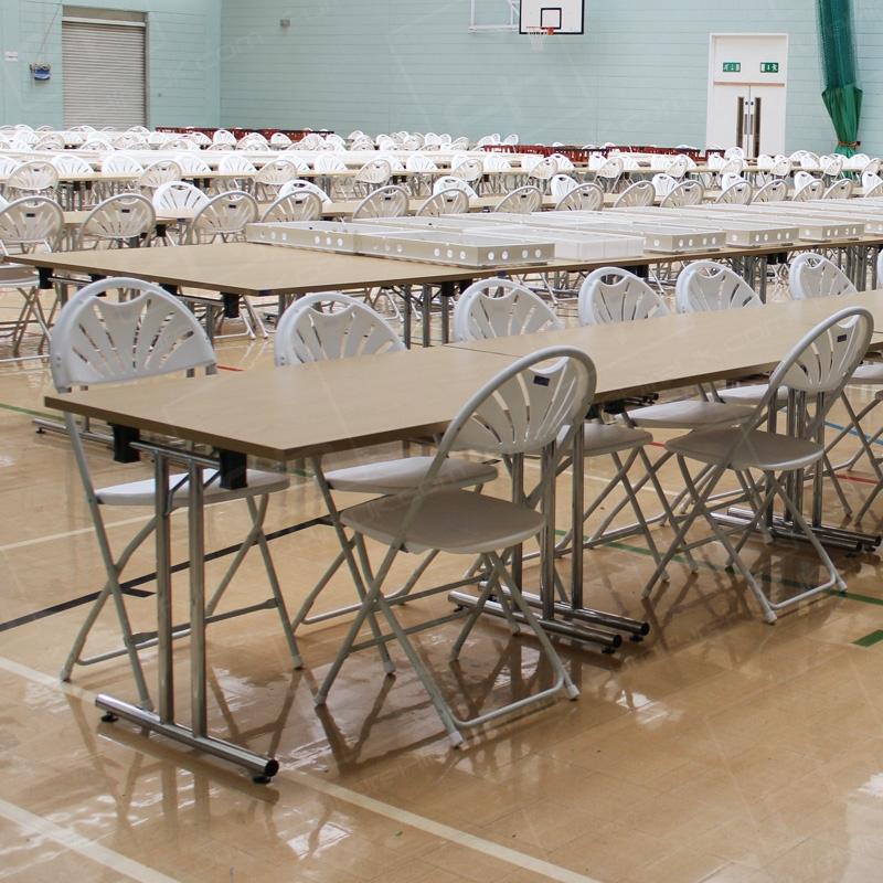 HC76, HM23 & HM24 - White folding fan back chair and modular tables for hire