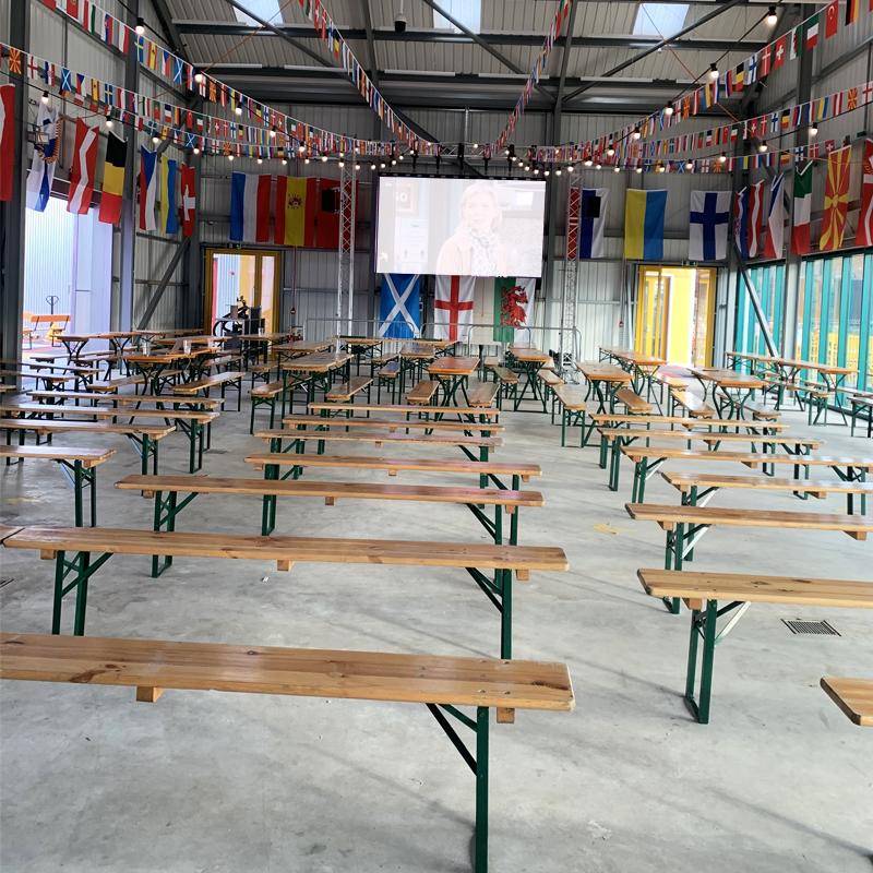 Suitable for indoor and outdoor use, our folding wooden benches and beer sets are a popular choice.