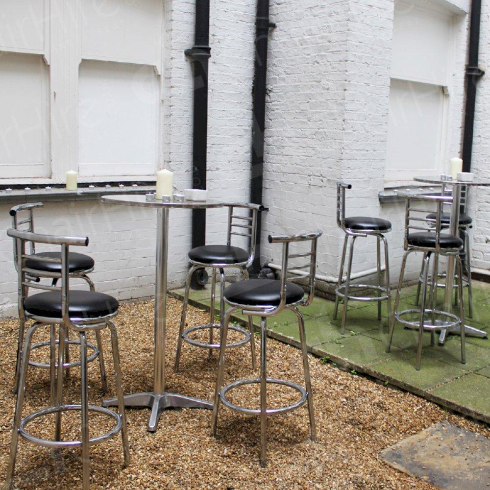 Chrome Poseur Tables HT04 & Black Leather Stools with High Back HC10 pictured.