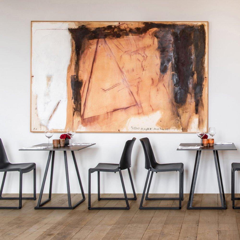 Featured: Black Kansas chairs paired with our Dallas square, bistro tables.
