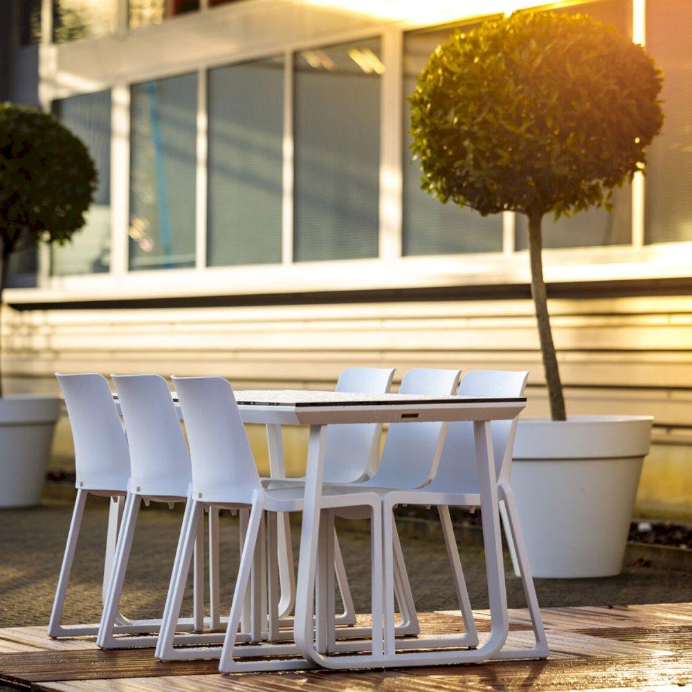 Featured: White Kansas chairs paired with our bistro height Utah tables.