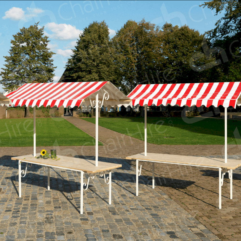 Our red folding market stand with a 2m wide wooden tabletop and weatherproof galvanised steel frame.