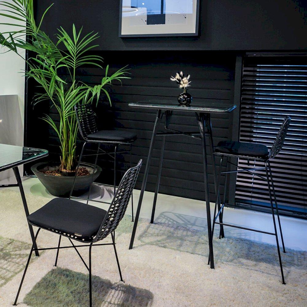 Featured: Black Miami stools and chairs with matching poseur and bistro tables.