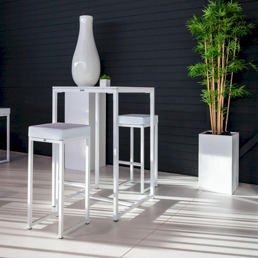 Featured: Nevada white box frame table with matching white stools.
