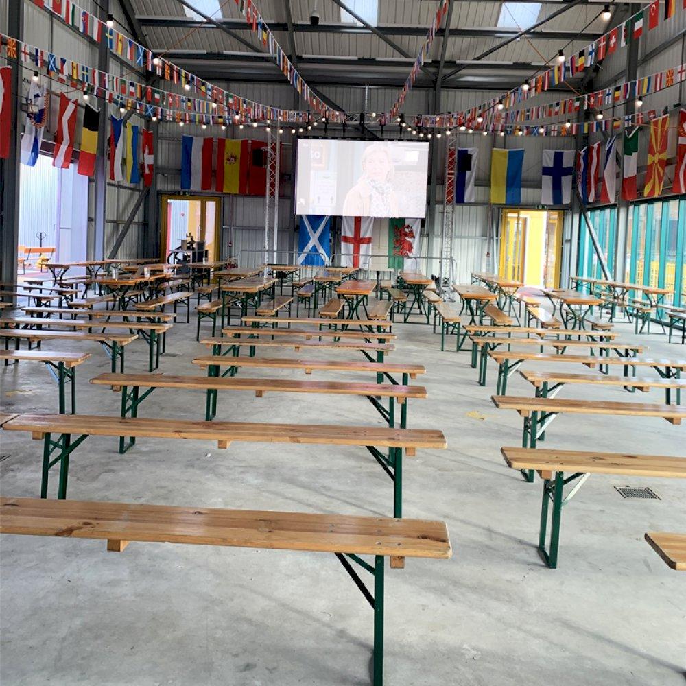 Suitable for indoor and outdoor use, our folding wooden benches and beer sets are a popular choice.