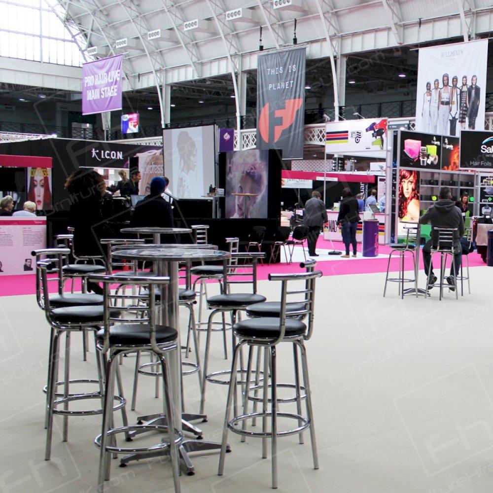 Poseur tables & stools set up in ProHairLive restaurant zone.