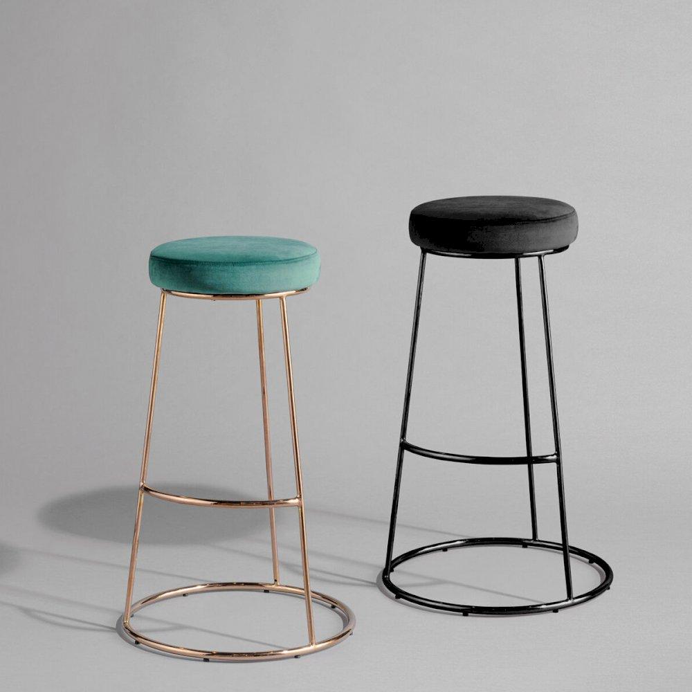 Featured: Rose gold chrome Spire stool with green pad along with a black chrome stool and black pad.